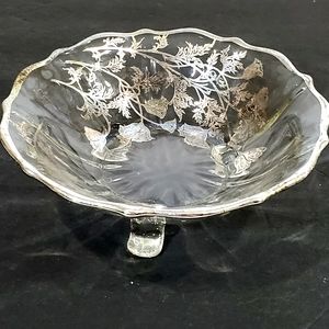Vintage Sterling City Glass Co Sterling On Crystal 3 Footed Candy Fruit Bowl